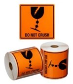 HANDLING LABEL DO NOT CRUSH ORANGE  BLACK 99MM X 99MM ROLL  500