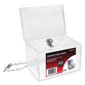 DEFLECTO DONATION BOX LOCKABLE WITH HEADER LANDSCAPE A6 CLEAR