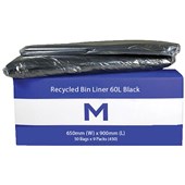 MPH RECYCLED BIN LINER 60L 650 X 900MM 30MU BLACK PACK 50