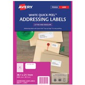 AVERY 959115 L7651 ADDRESS LABEL LASER QUICK PEEL 65UP W381 X L212MM WHITE PACK 40