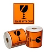 HANDLING LABEL GLASS WITH CARE ORANGE  BLACK 99MM X 99MM ROLL  500 MPH