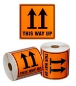 HANDLING LABEL THIS WAY UP ORANGE  BLACK 99MM X 99MM ROLL  500