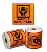 HANDLING LABEL HANDLE WITH CARE ORANGE  BLACK 99MM X 99MM ROLL  500