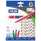 MILAN COLOURED FELT PEN MARKERS FINE TIP PACK 12 ASSORTED COLOURS